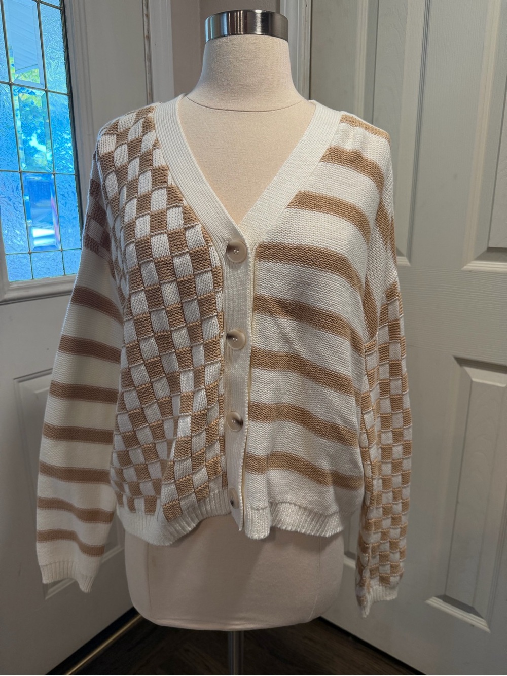 Francesca's Collections Cream and Tan Striped Checker Knit Cardigan